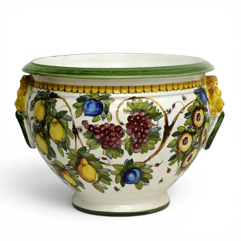 MAJOLICA LIMONI MONTELUPO: Tuscan cachepot (Lion Head + Ring) - Extra Large 18"Ø