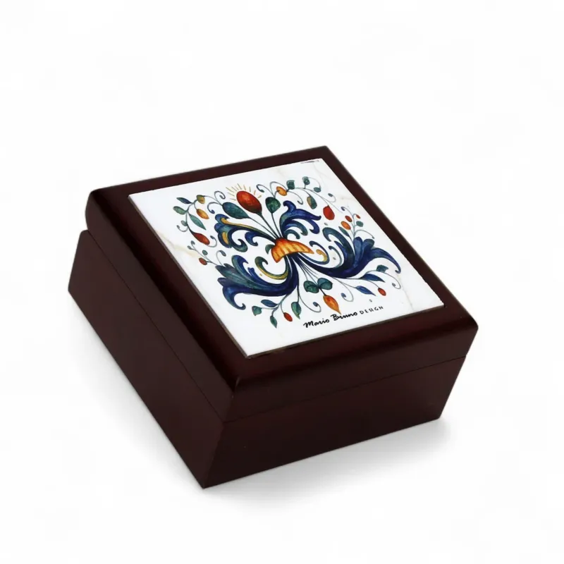 SUBLIMART: RICCO ITALIA DERUTA WOOD BOX Lined Square Large Wood keepsake box with printed tile - Ricco Italia Deruta Design