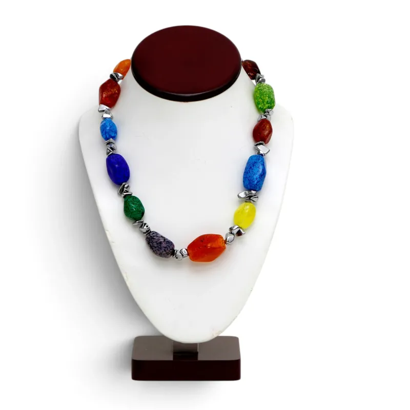 MURANO CORTE MURRINA: Authentic Murano Hand-Made Glass Necklace - Rainbow Design ASSORTED MULTI-COLOR