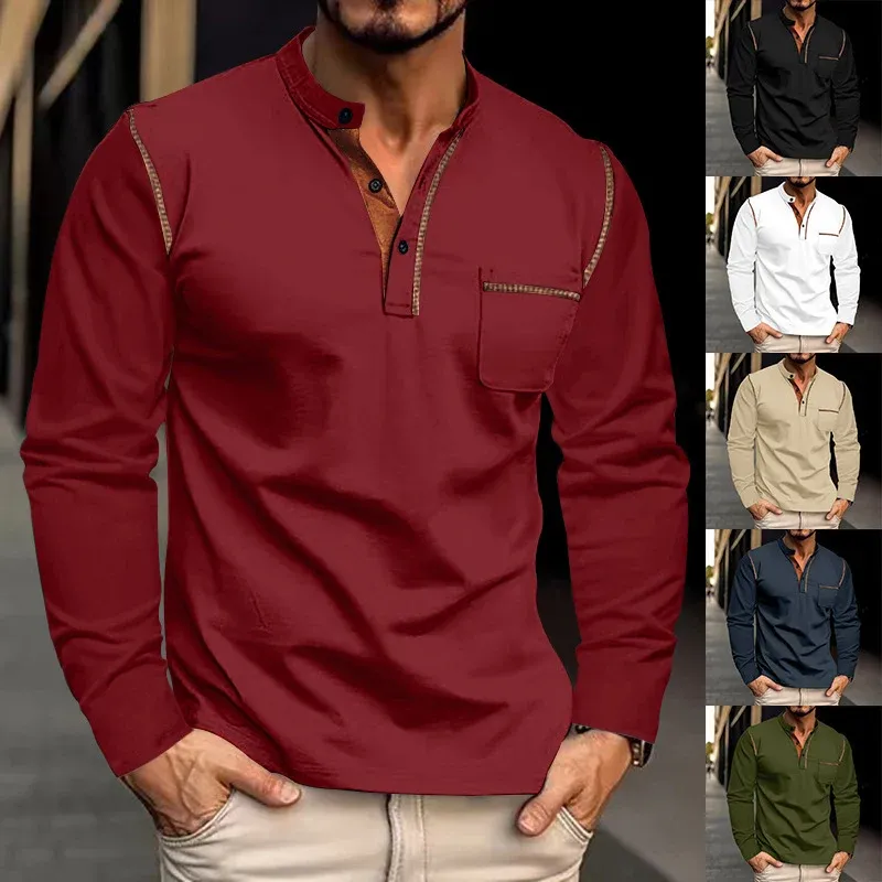 Herren Langarmshirt mit stylischem Stehkragen und Brusttasche – Arvello
